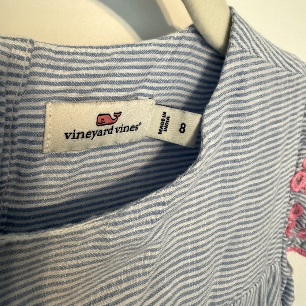 Vineyard Vines blue and white striped dress with pink embroidery eyelet design 8 - Picture 4 of 6
